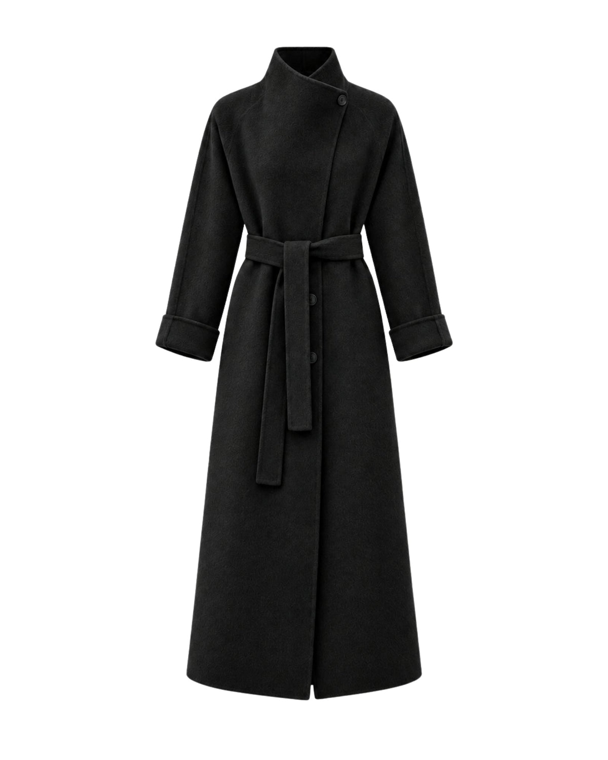 A long black wrap-style coat with a high stand collar, long sleeves, and a matching waist tie, shown on a plain white background.