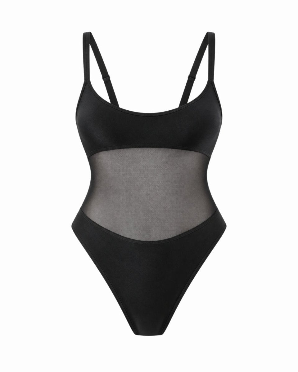A black one-piece swimsuit with a sheer mesh panel at the center, displayed against a solid white background.