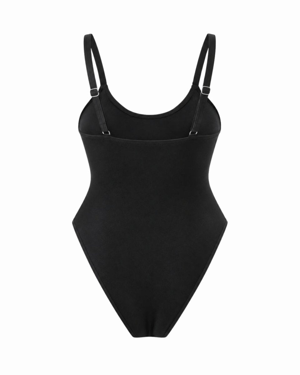 A black one-piece bodysuit with thin shoulder straps and a scoop neckline, displayed on a solid white background.