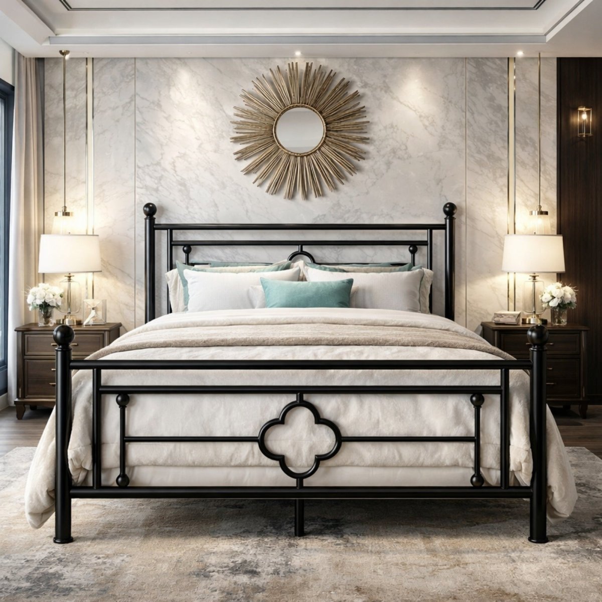 Queen size black vintage metal bed frame by Fenlo Form styled in a luxury bedroom with a marble accent wall, a gold sunburst mirror, and bedside lamps.