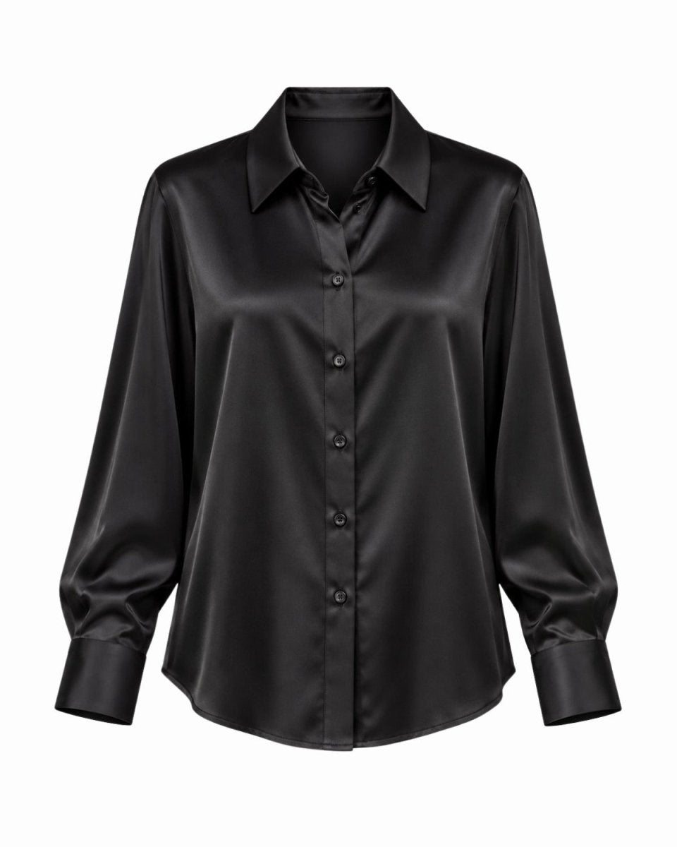 A black long-sleeve satin button-up shirt with a pointed collar and button cuffs, displayed on a clean white background.