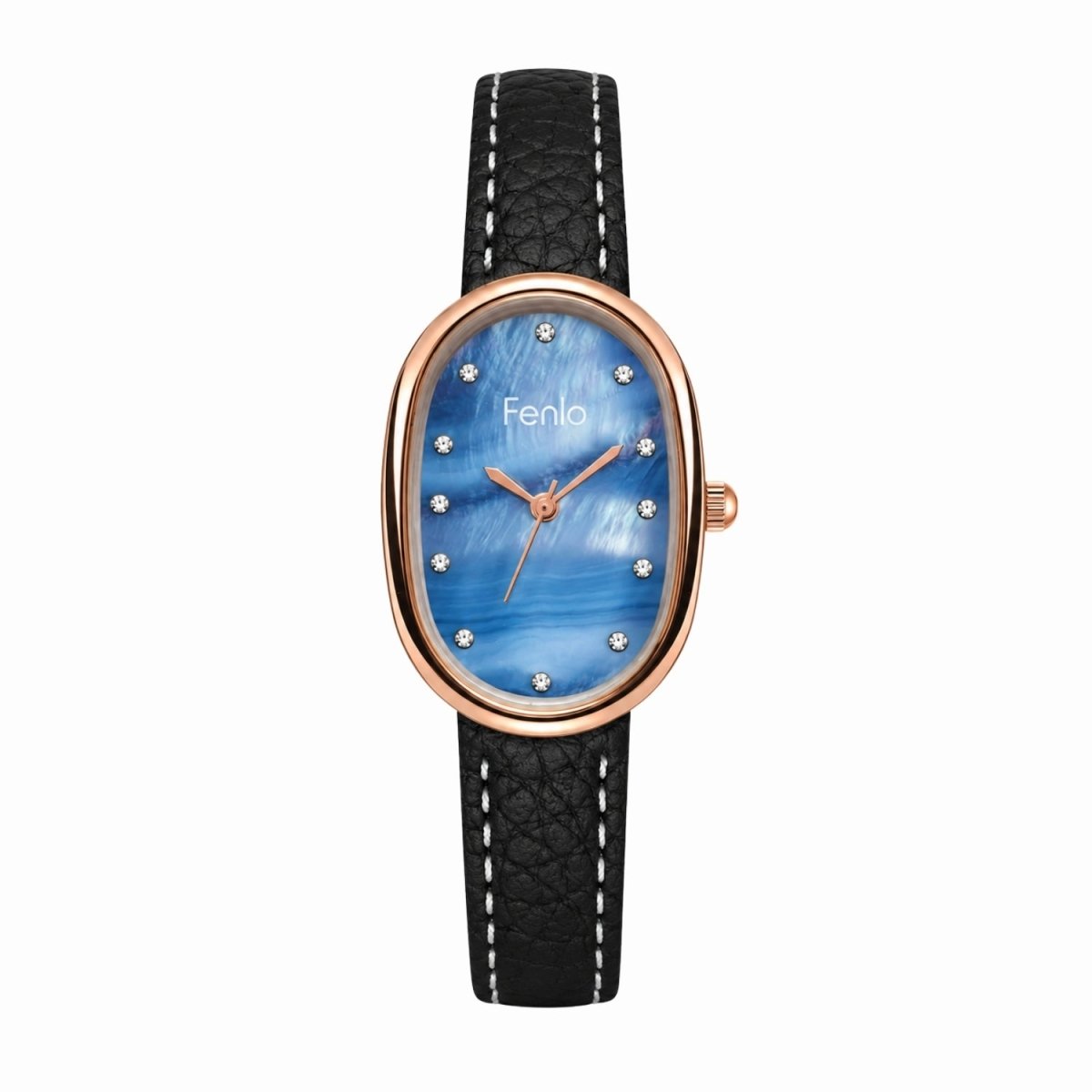 Fenlo women's watch featuring an oval rose gold case, a blue mother-of-pearl dial with rhinestone hour markers, and a textured black leather strap with white stitching.