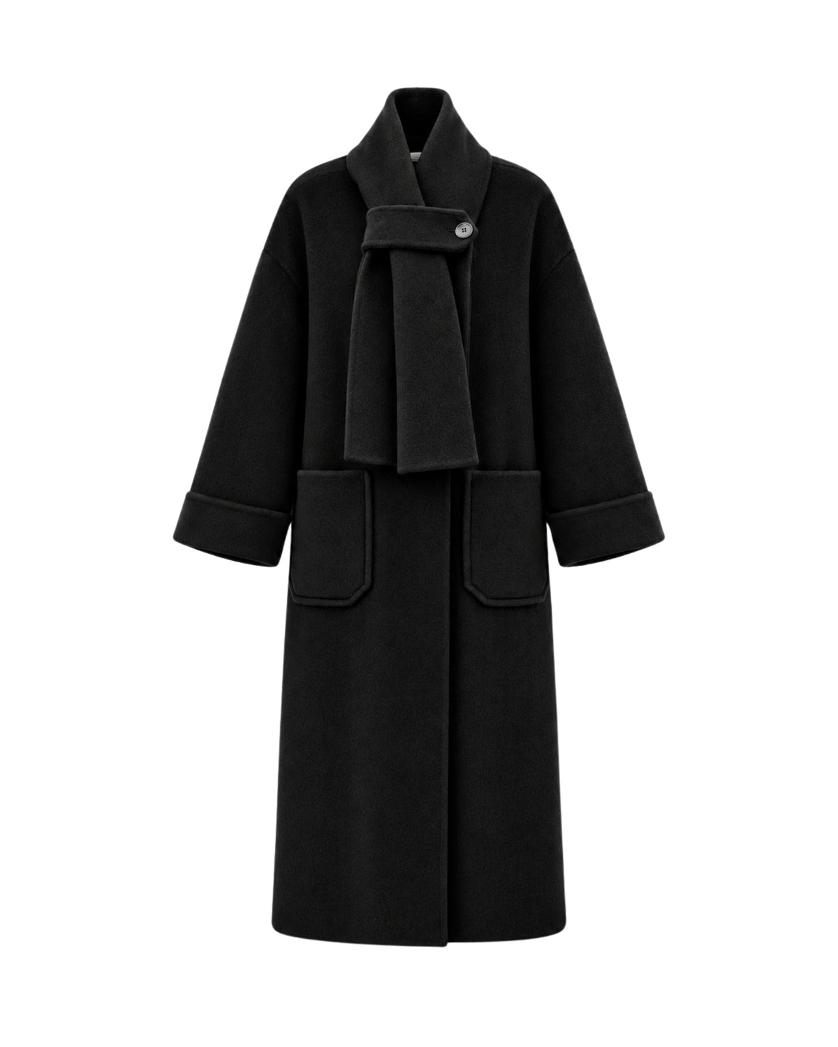A black long coat with a wide collar, a draped wrap-style tie at the neck, and two large front patch pockets, shown on a plain white background.