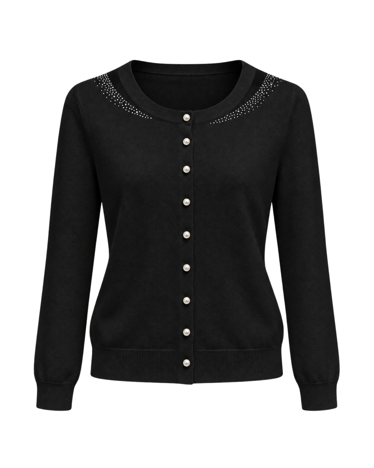 A black long-sleeve cardigan sweater with a round neckline, decorated with small silver rhinestone accents around the collar and a row of silver buttons down the front, shown on a plain white background.