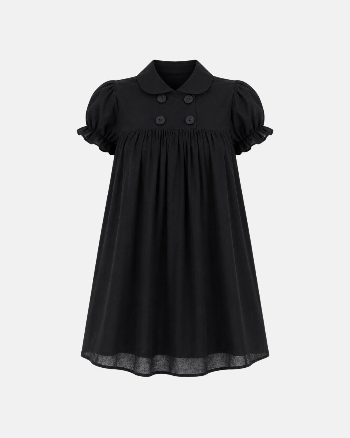 Flatlay ghost mannequin view of the black designer babydoll dress showcasing the sheer hemline trim and tonal front buttons.