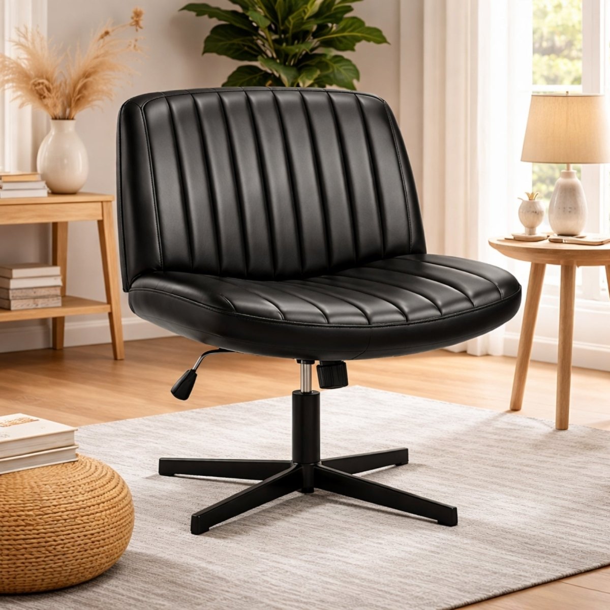 Sleek black leather armless computer chair with vertical channel tufting and sturdy cross base for executive styling.