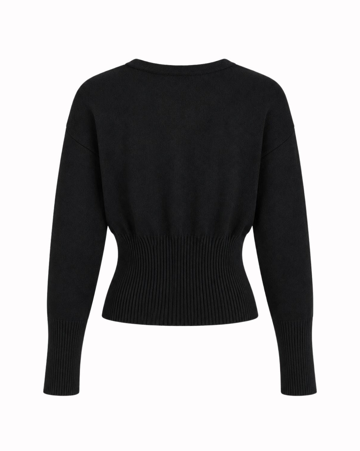 A black long-sleeve knit sweater with a crew neck and a ribbed waistband, shown from the back on a plain white background.