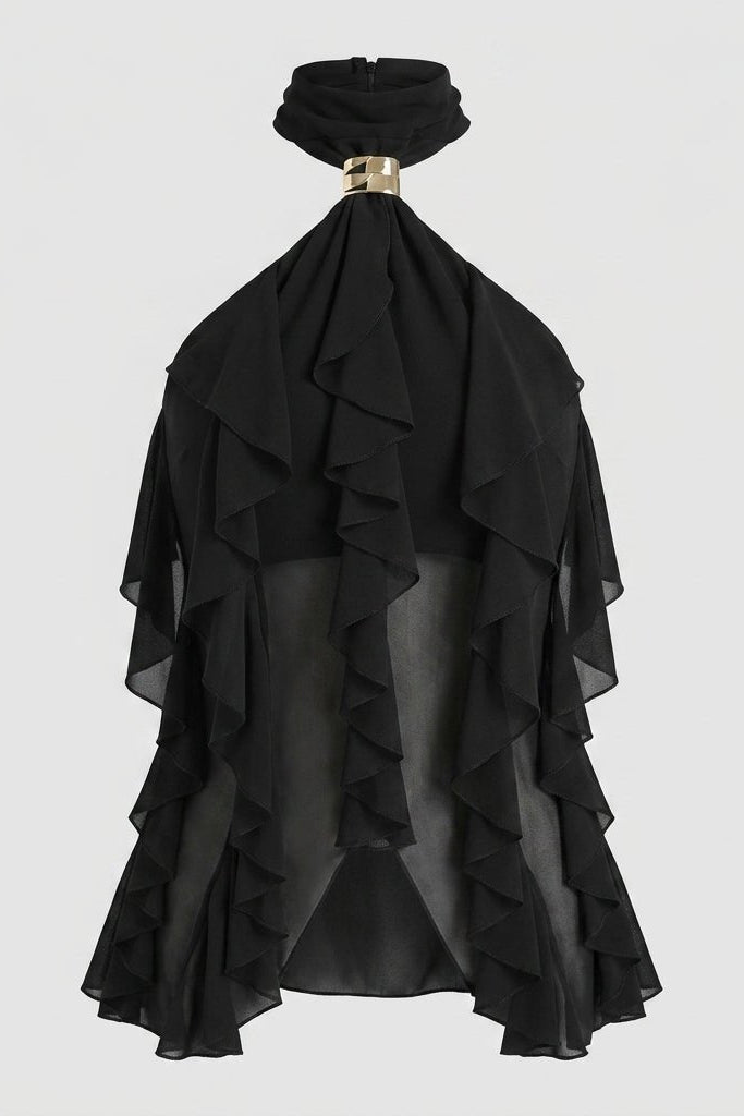 Front product shot of a black sheer sleeveless blouse featuring vertical cascading ruffles and a metallic gold hardware neckline.