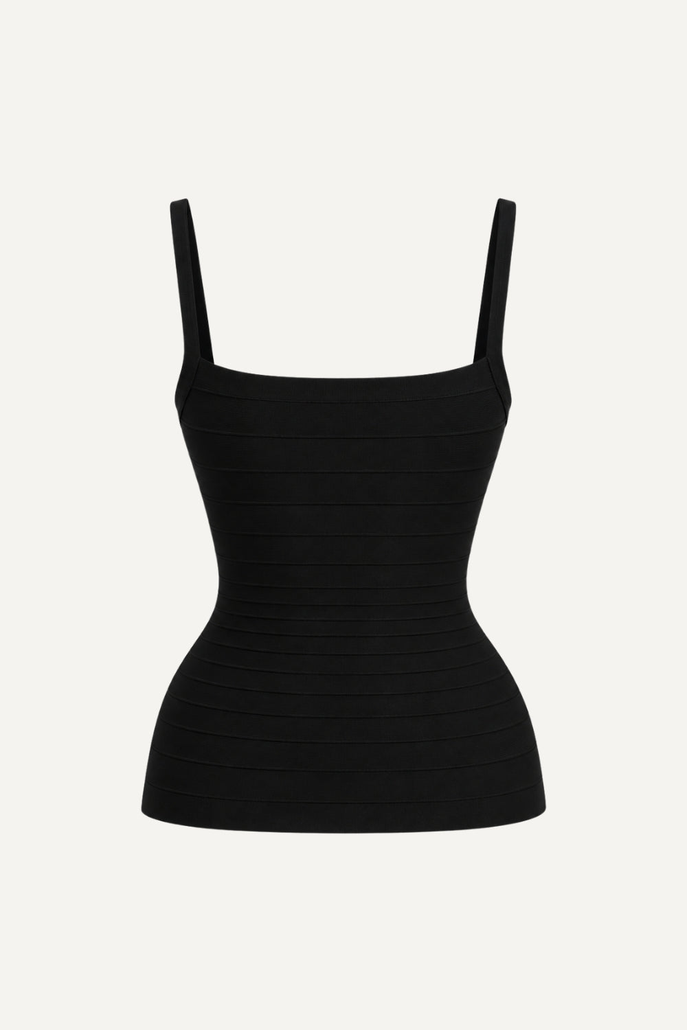 A black ribbed knit camisole top with thin shoulder straps and a square neckline, displayed on a clean, light off-white background.