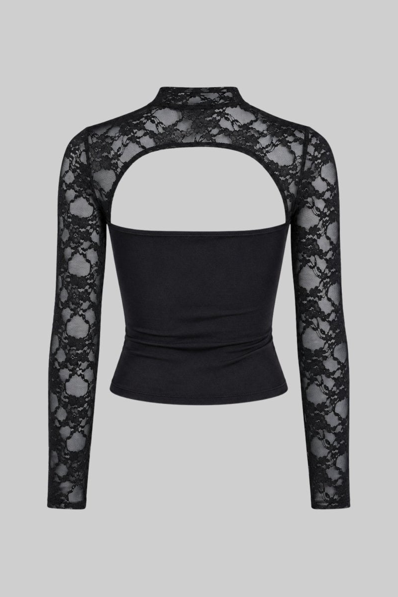 Flat lay studio shot showing the back of a black women's top highlighting the sheer lace upper and open back cutout.