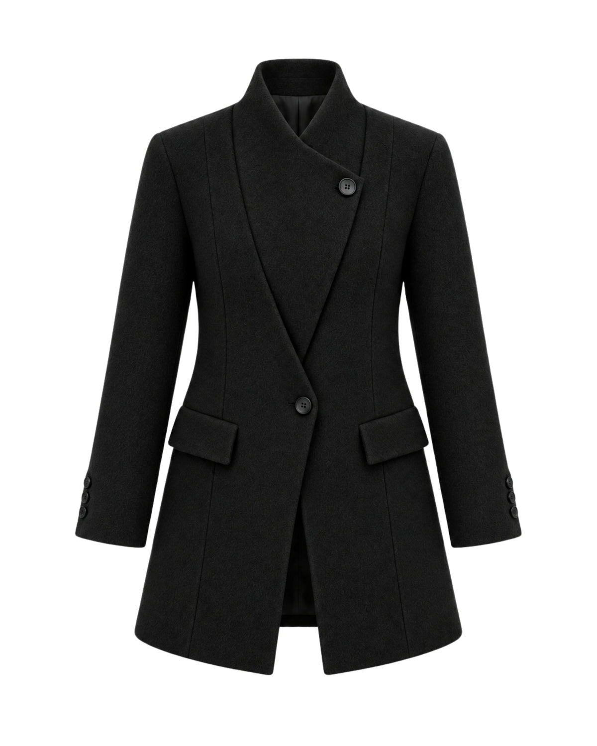 A black women's wrap-style coat with a shawl collar, single front button, and flap pockets, shown on a plain white background.