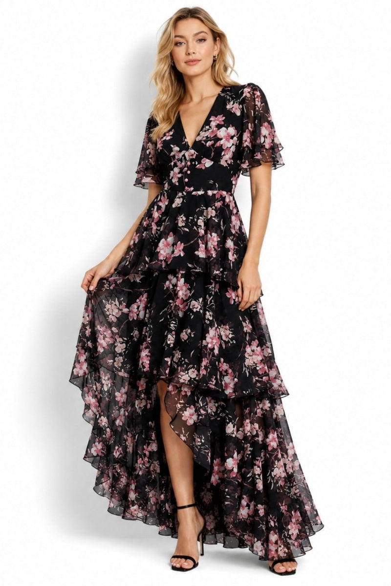 Black tiered floral maxi dress with flutter sleeves and high-low hem by Kouvr