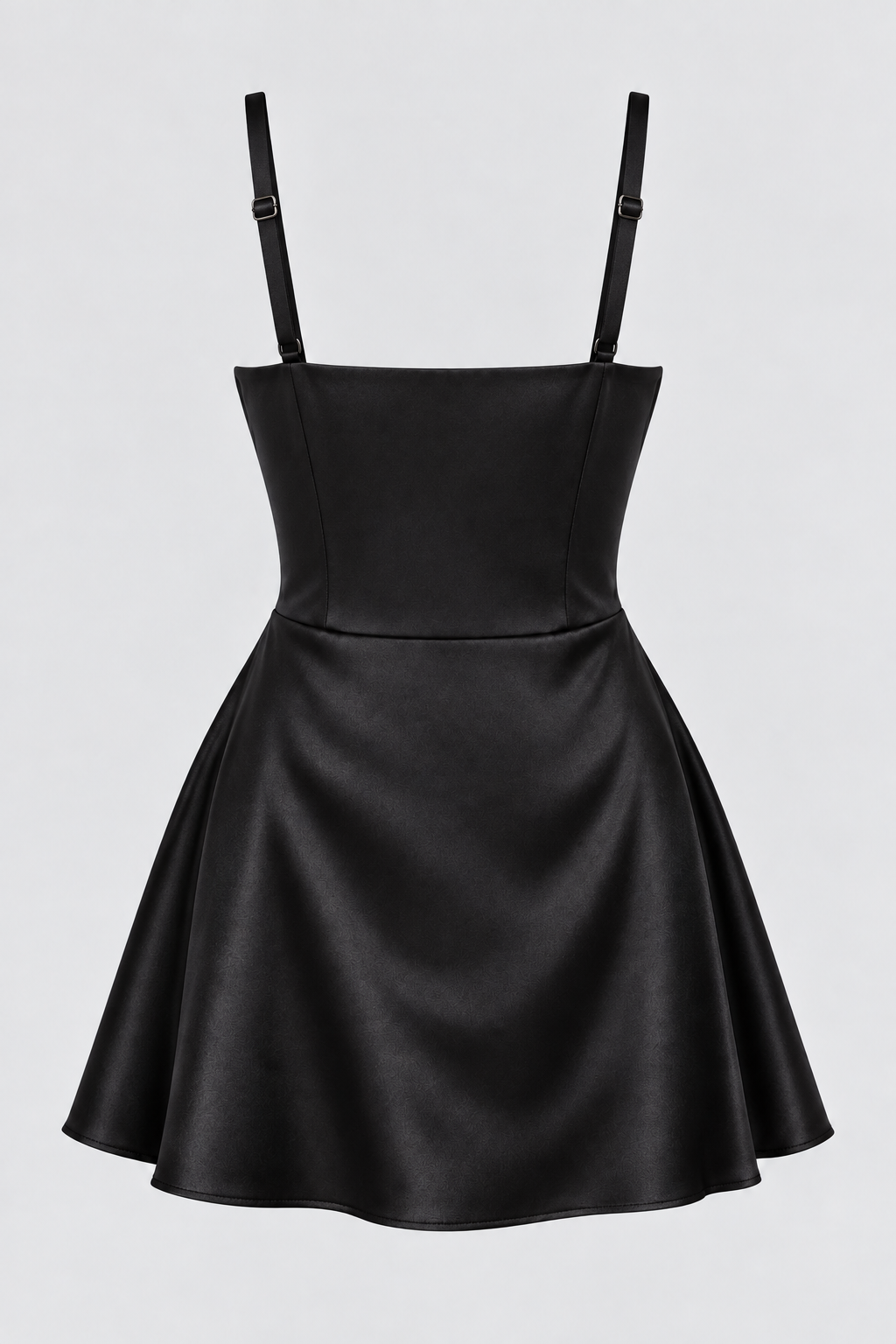 A black satin-like mini dress with thin shoulder straps, a structured corset-style bodice, and a flared skirt, shown against a light gray background.