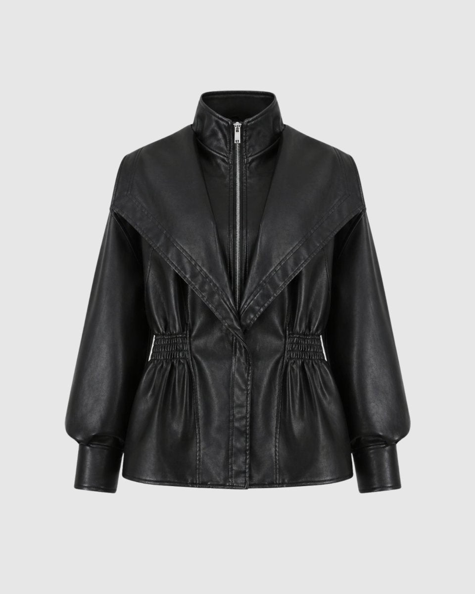 Front flat lay view of black vegan leather zip-up moto jacket with peplum hem and high neck collar.