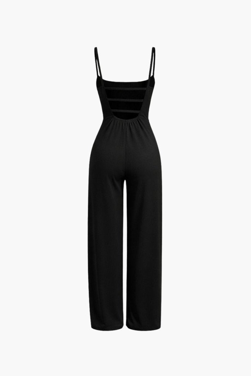 Flat lay back view of Fenlo Form black jumpsuit showing the cage strappy back detail