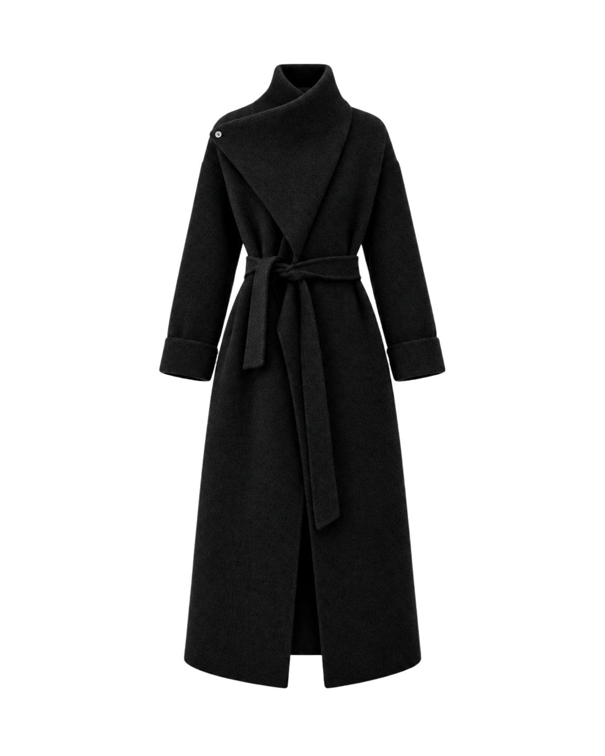 A long black wrap-style coat with a high collar, long sleeves, and a self-tie belt, shown on a plain white background.