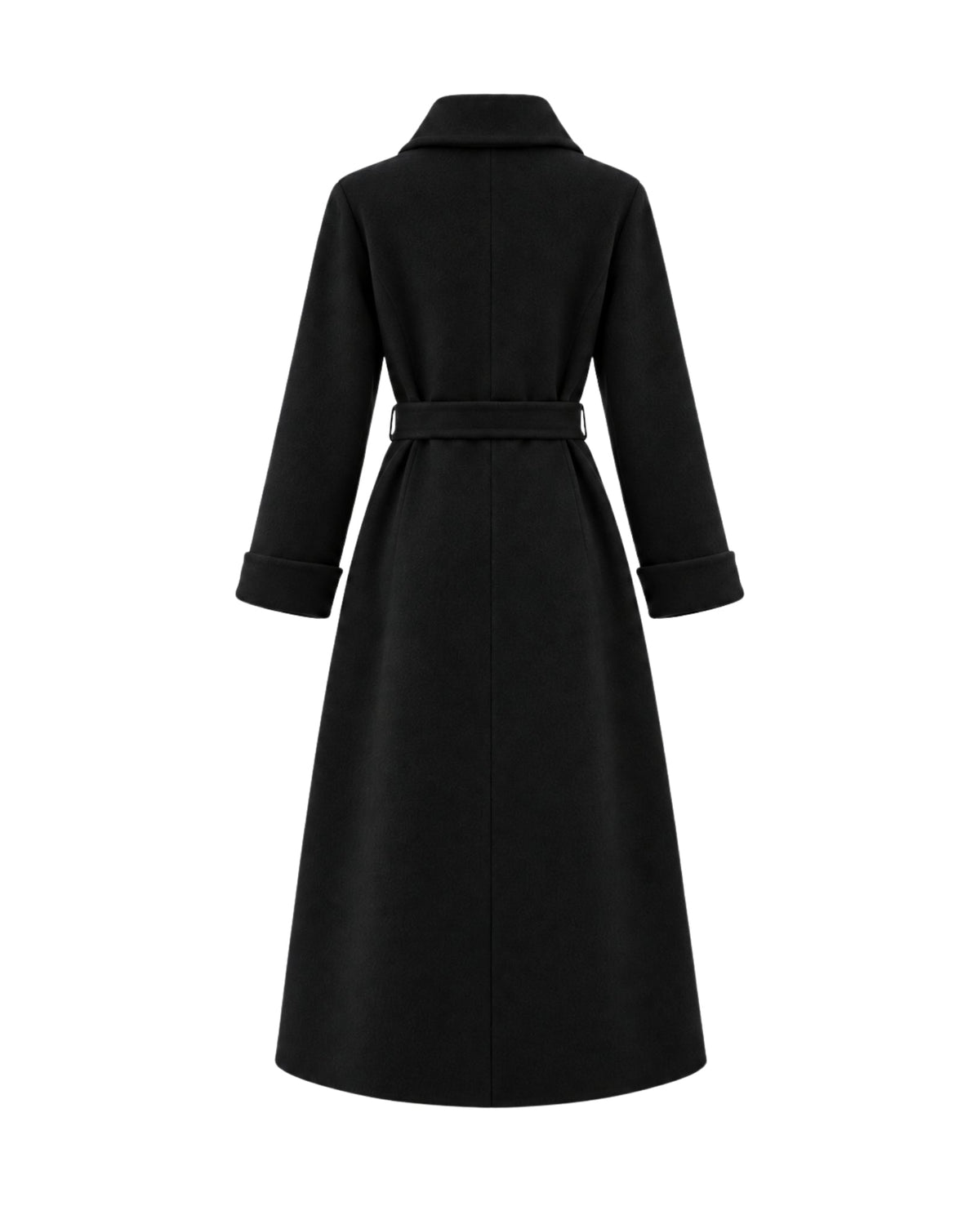 A black long coat with a collar and matching waist belt, shown from the back on a plain white background.