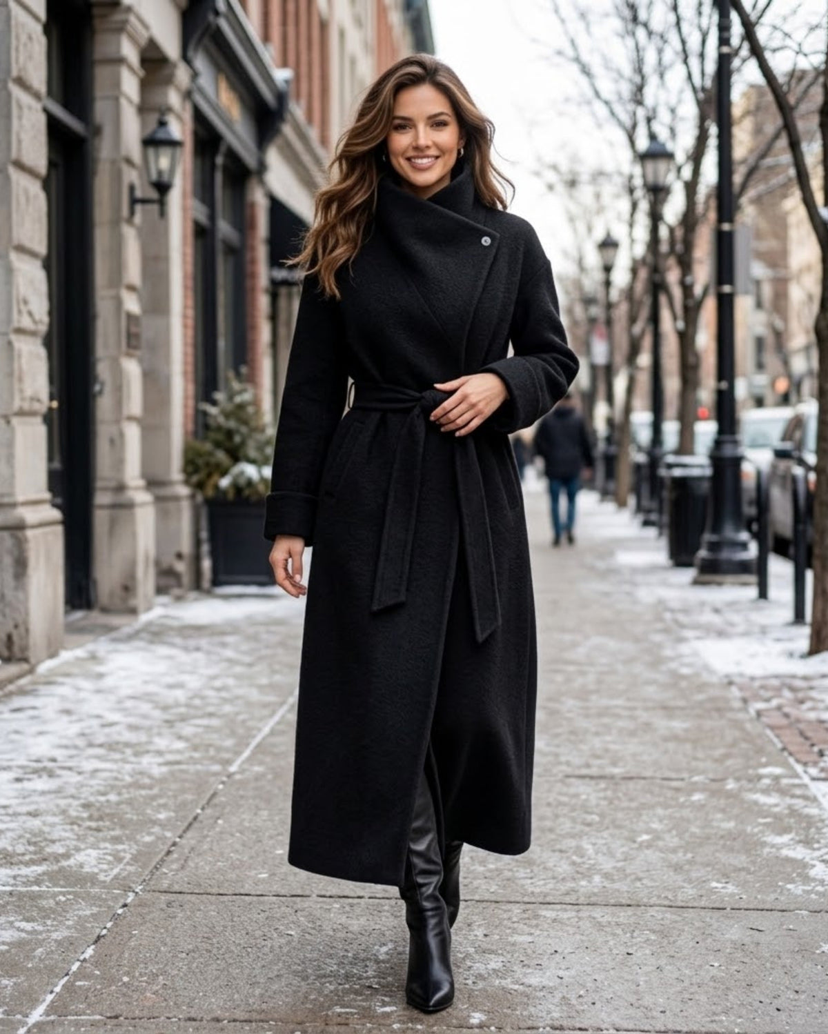 A woman wearing a long black wrap-style coat with a tie belt and black ankle boots walks down a snowy city sidewalk.