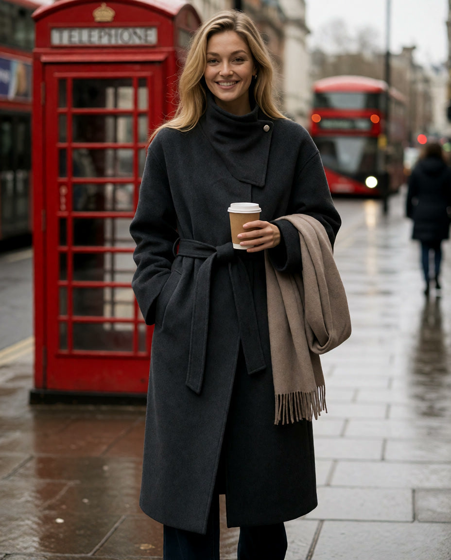 A woman stands on a city street wearing a dark charcoal wrap coat and holding a beige scarf, with a red London phone booth and red buses in the background.