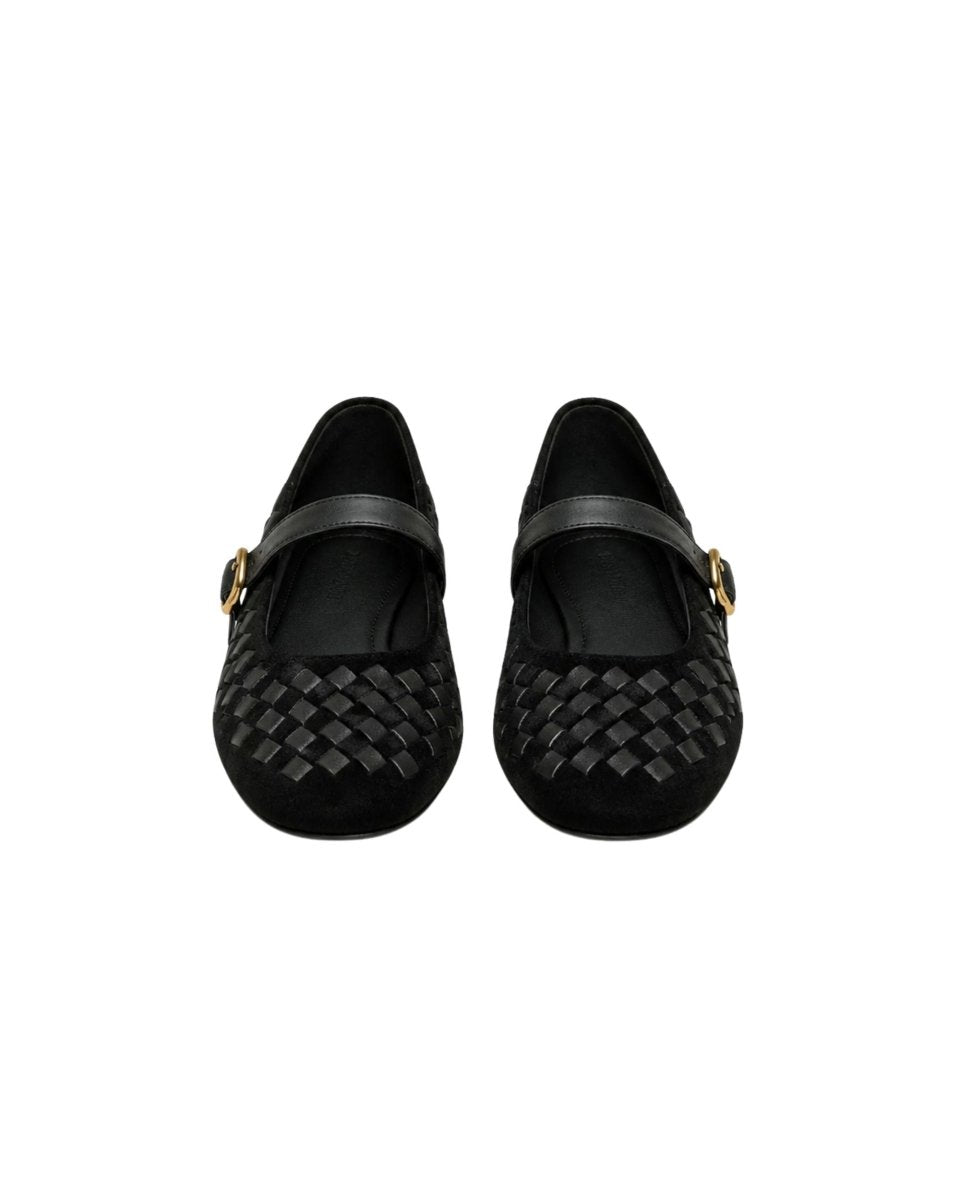 Front view of black woven suede Mary Jane flats with smooth leather straps and polished gold buckles