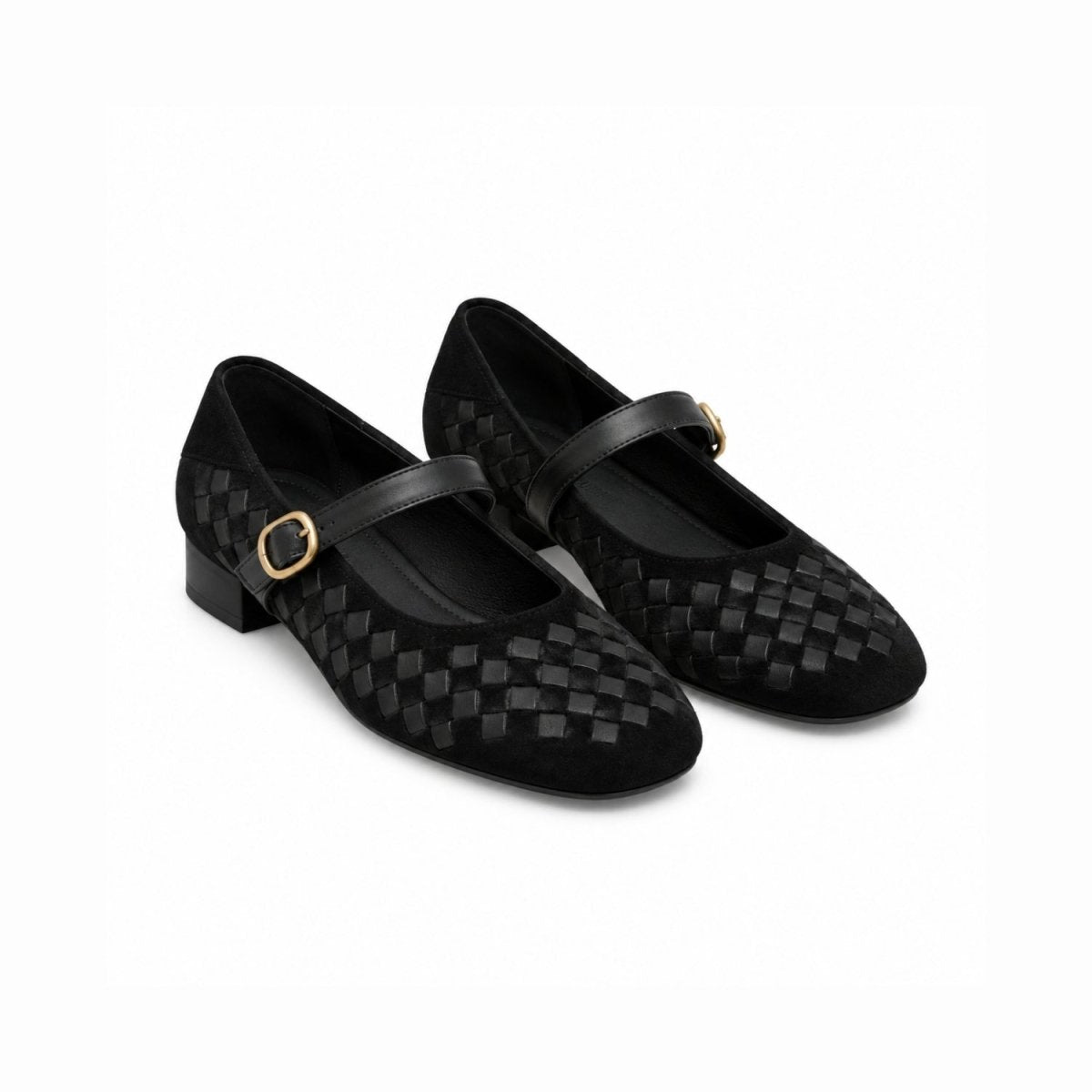 A pair of black Mary Jane shoes featuring a woven basket-texture upper, a smooth black strap, and a small gold buckle, shown on a plain white background.