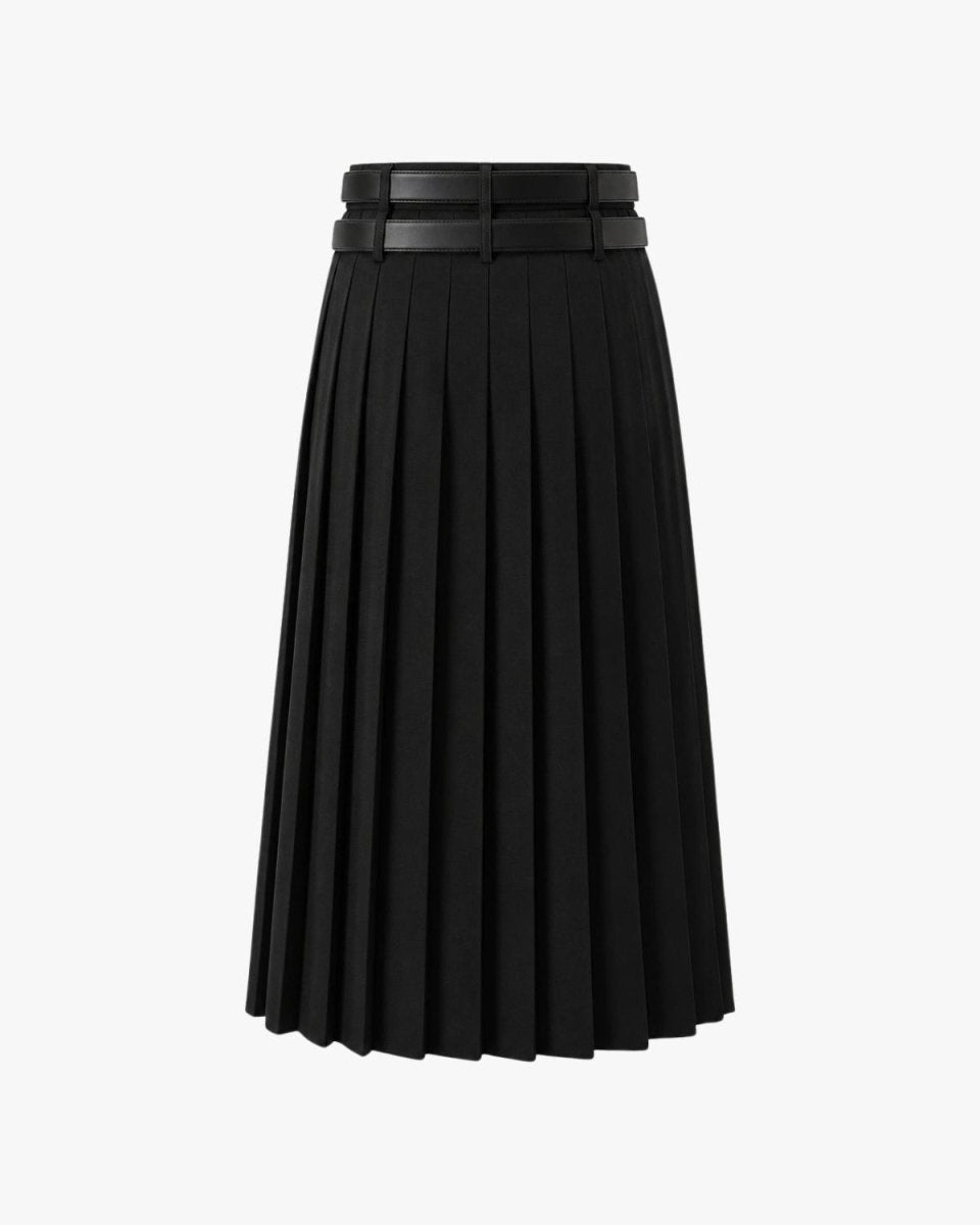A black pleated midi skirt with a matching black belt at the waist, shown against a plain light gray background.