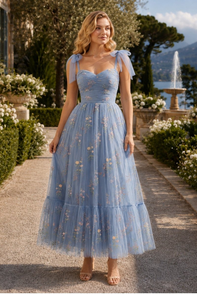 A woman wearing a light blue tulle midi dress with floral embroidery and sheer flutter sleeves, standing in a garden pathway with a fountain and trees in the background.