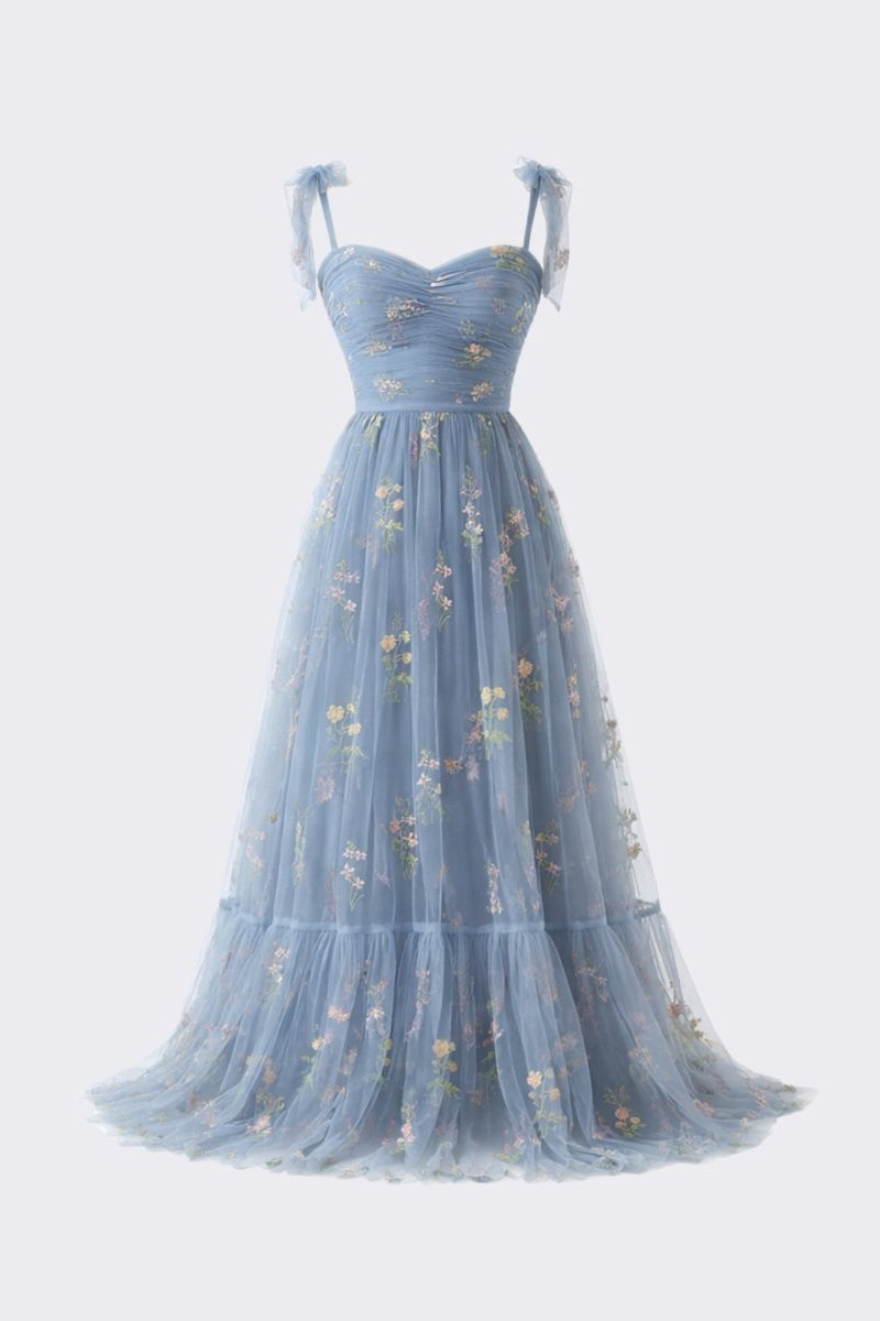 Studio flat lay front view of the Fenlo Form ethereal blue floral embroidered tulle maxi dress showing the sweetheart neckline and tiered ruffle hem.