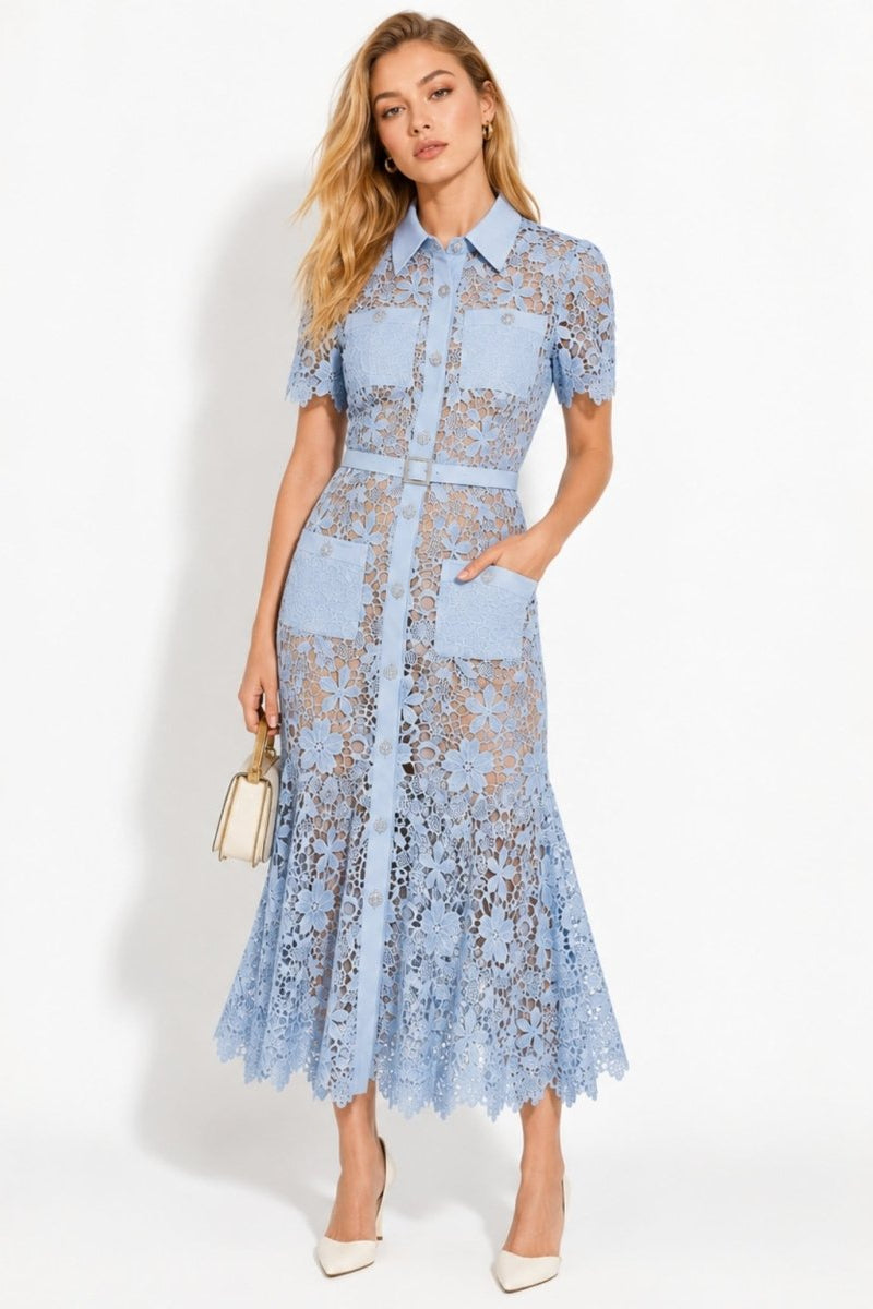 Woman wearing a blue floral lace midi shirt dress with short sleeves and belt.