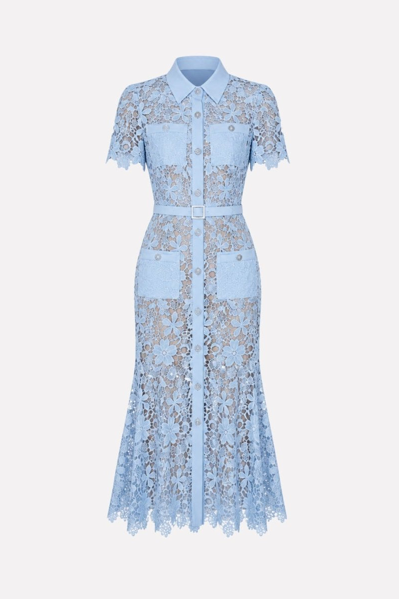 Flat lay front view of blue belted floral lace shirt dress.