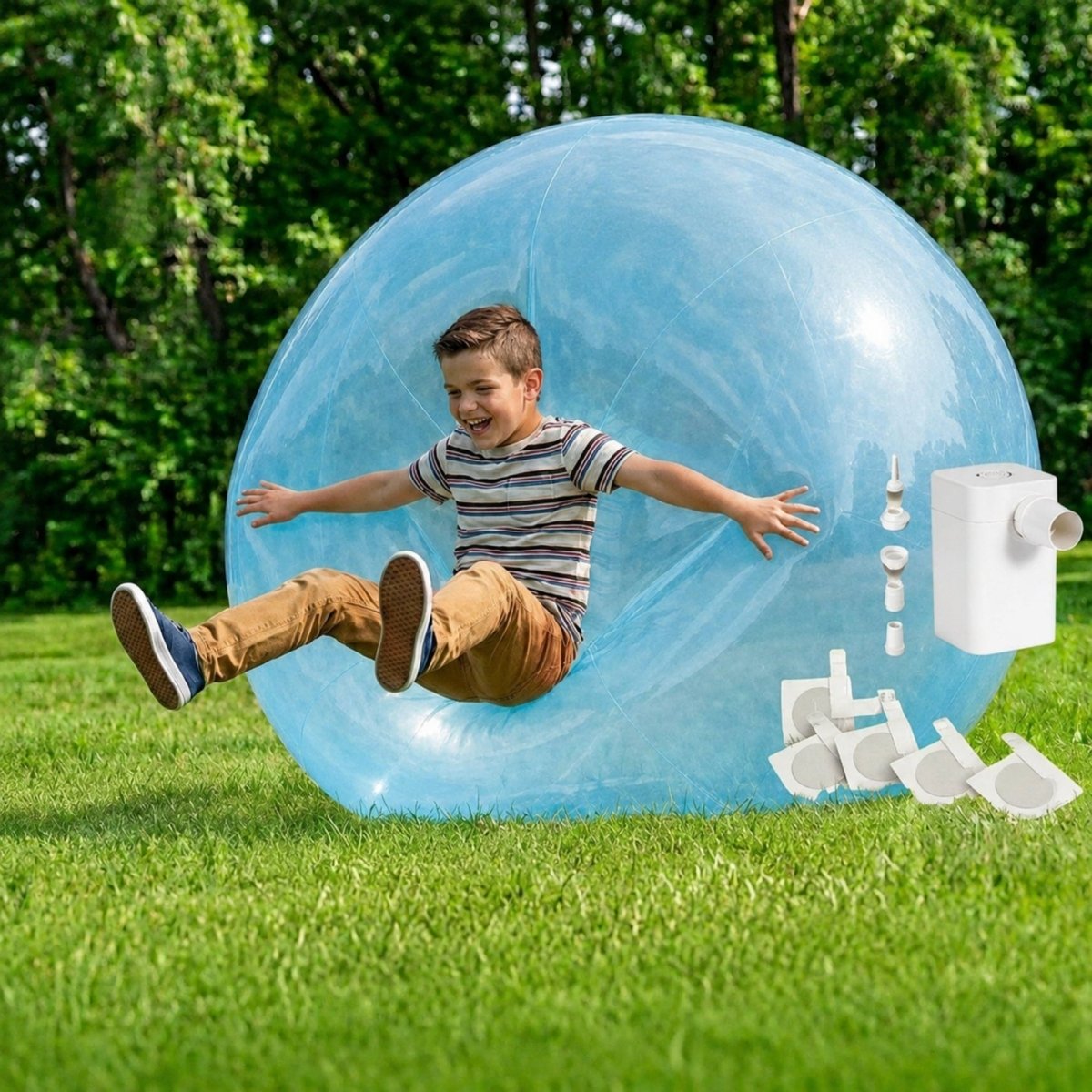 A giant blue jelly balloon ball sitting on the grass next to an included electric air pump and 5 repair patches, labeled as the ultimate fun package.