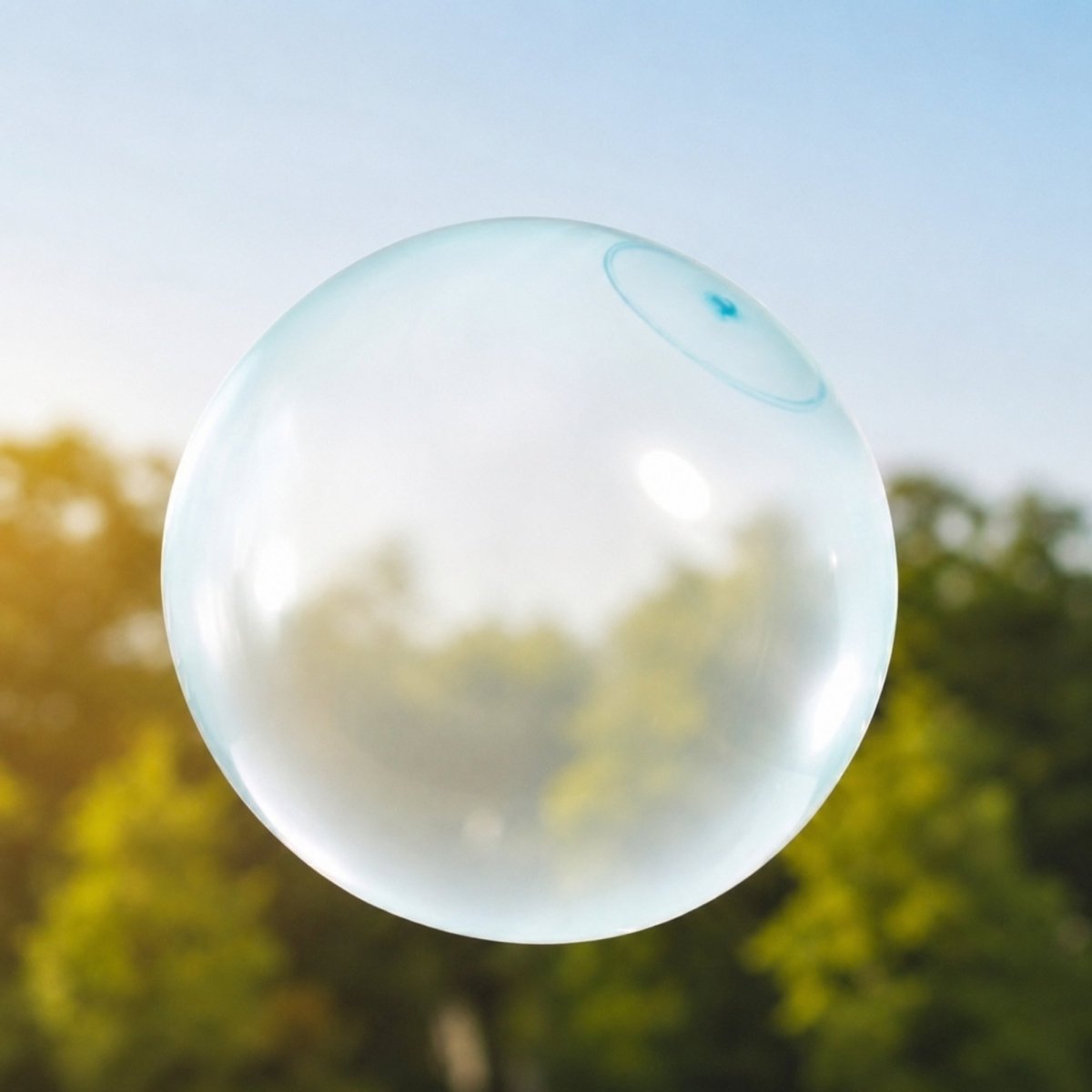 Close-up of a large, transparent blue giant jelly balloon ball floating in the air against a summer sky.