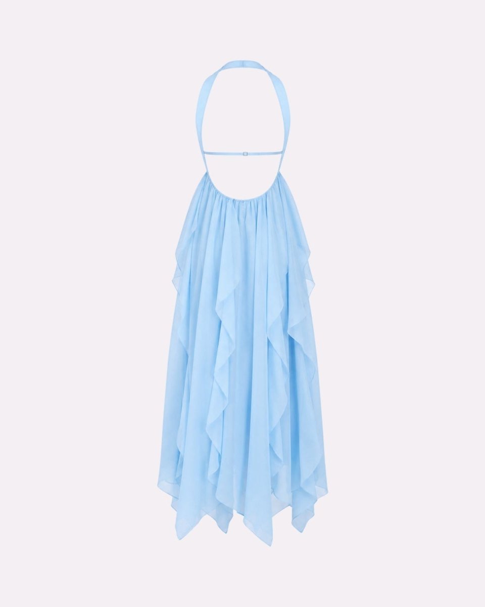A light blue halter-neck dress with a tiered, ruffled skirt, displayed against a solid pale pink background.