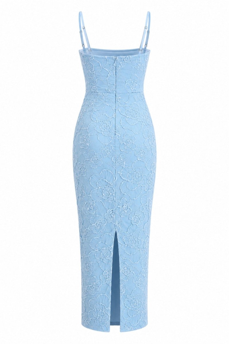 A light blue lace midi dress with spaghetti straps, a fitted bodice, and a front slit, shown against a plain white background.