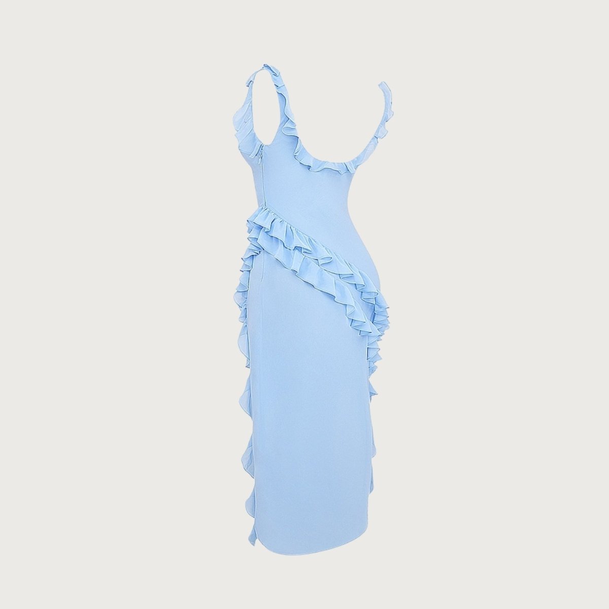 Blue Kouvr ruffled dress on a light gray background