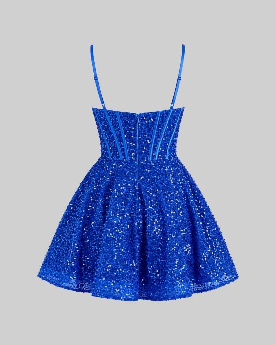 Back flat lay view of blue sequin corset mini dress displaying the low back and zipper detailing.