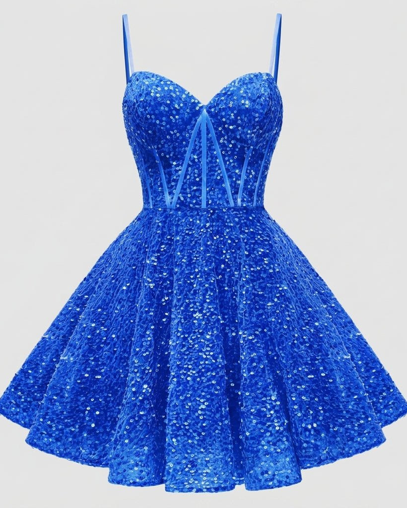 Front flat lay view of blue sequin corset mini dress showcasing the sweetheart bustier design.