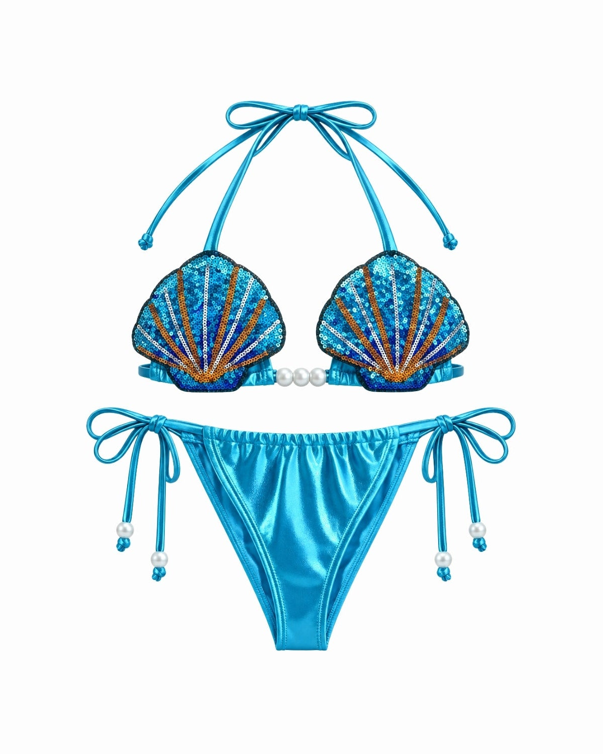 Flat view of model wearing luxury blue metallic sequin seashell bikini set with pearl embellishments