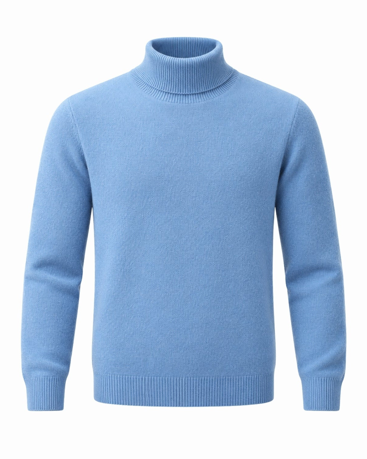 A light blue knit turtleneck sweater displayed on a clean white background.