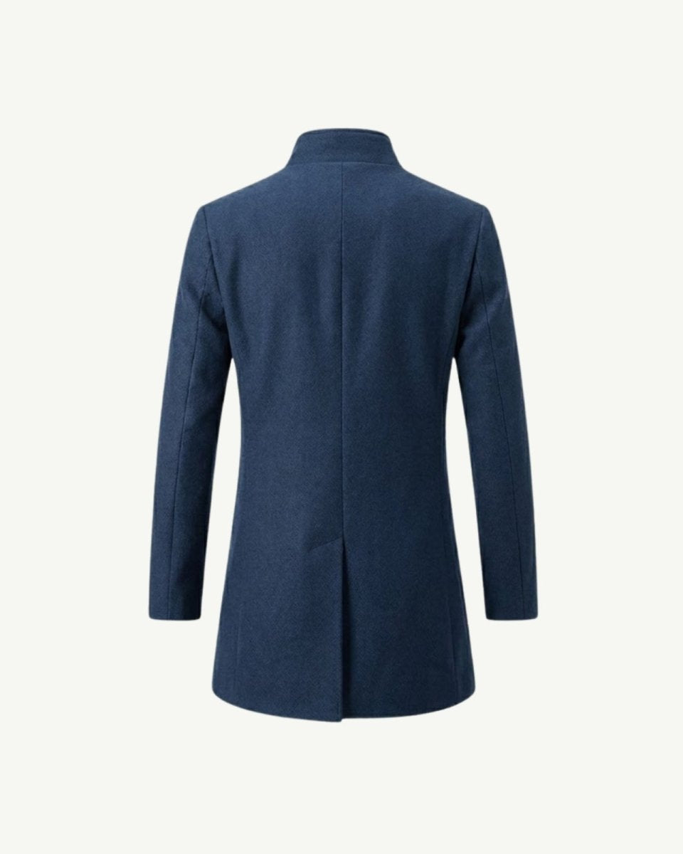 Back product shot of a men's blue mid-length car coat, isolated on a white background.