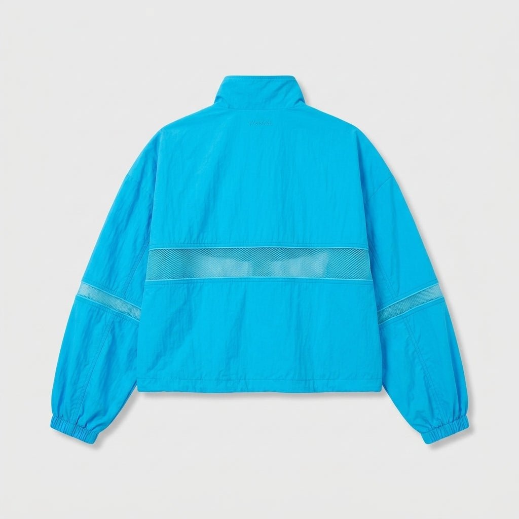 Ghost mannequin back view of vibrant blue Y2K style windbreaker showing elasticized hem and sheer back panel.