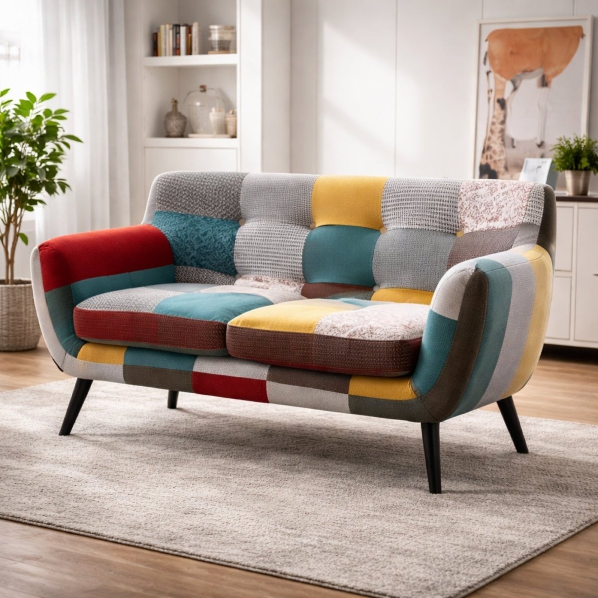 Bohemian patchwork loveseat featuring colorful floral and plaid linen fabric squares with red, yellow, and blue accents on splayed wooden legs.