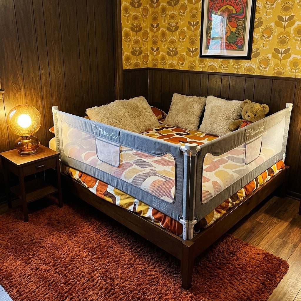 A mid-century modern bedroom featuring a wood frame bed completely protected by a grey Kouvr toddler bed rail guard system, matching the vintage wallpaper and warm decor aesthetic.