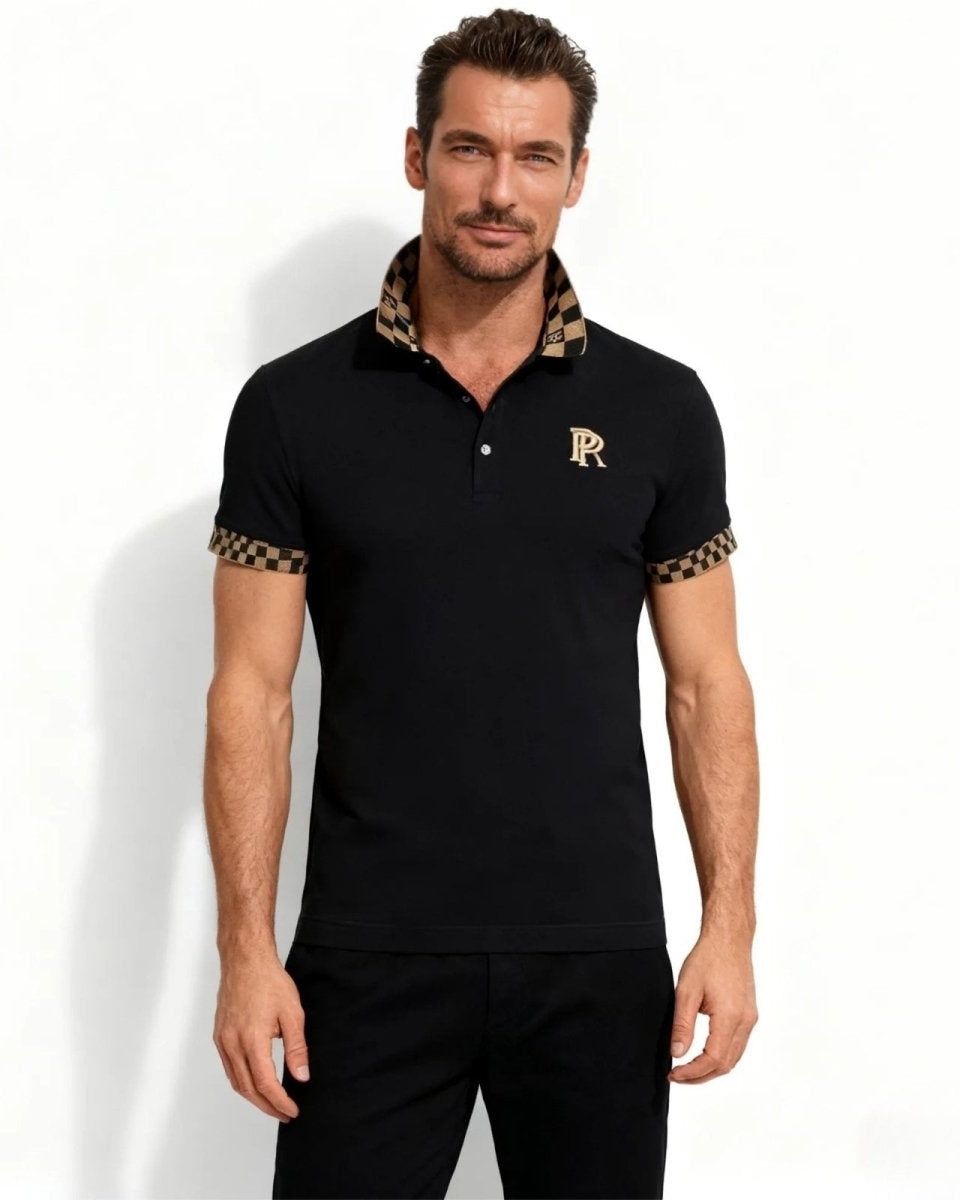 Model wearing the men's slim fit black polo shirt with a brown and beige checkerboard collar and sleeve cuffs, featuring a gold R crest on the chest.