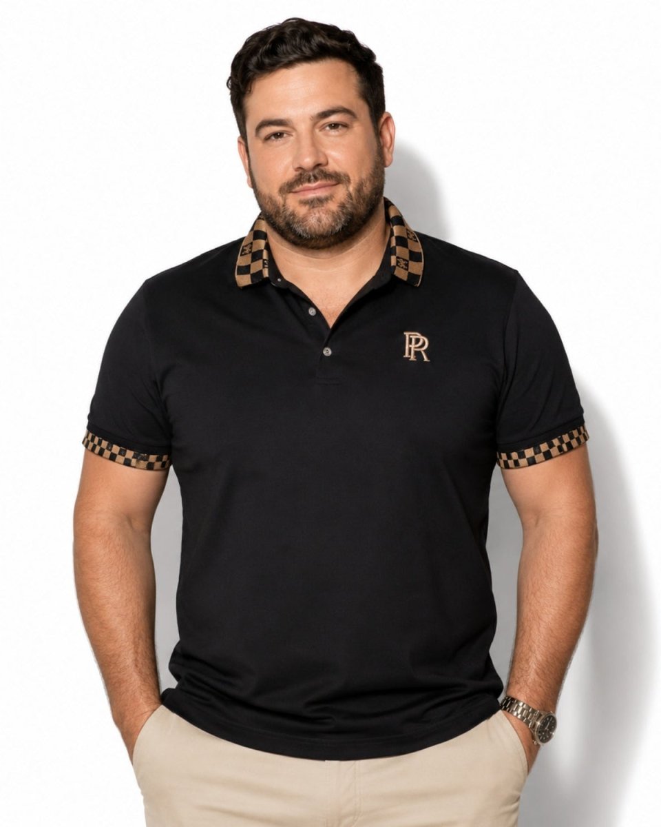 A man wearing a black short-sleeve polo shirt with a brown and black checkered pattern on the collar and sleeve cuffs, featuring a small gold embroidered 'RR' logo on the chest. He is wearing beige pants and standing against a plain white background.
