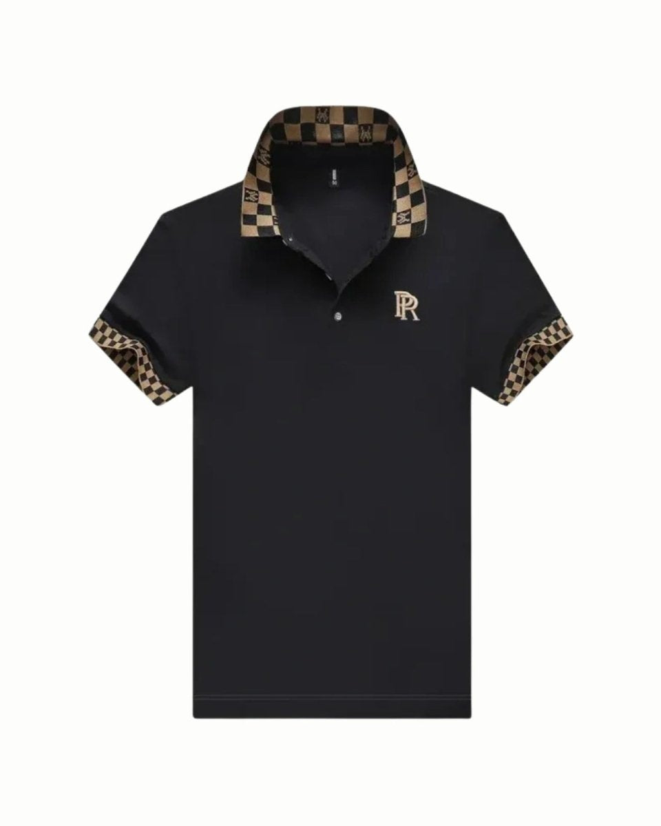 Flat lay of the men's short sleeve black polo shirt, showing the full design including the button placket, gold R embroidery, and check-patterned collar and cuffs.