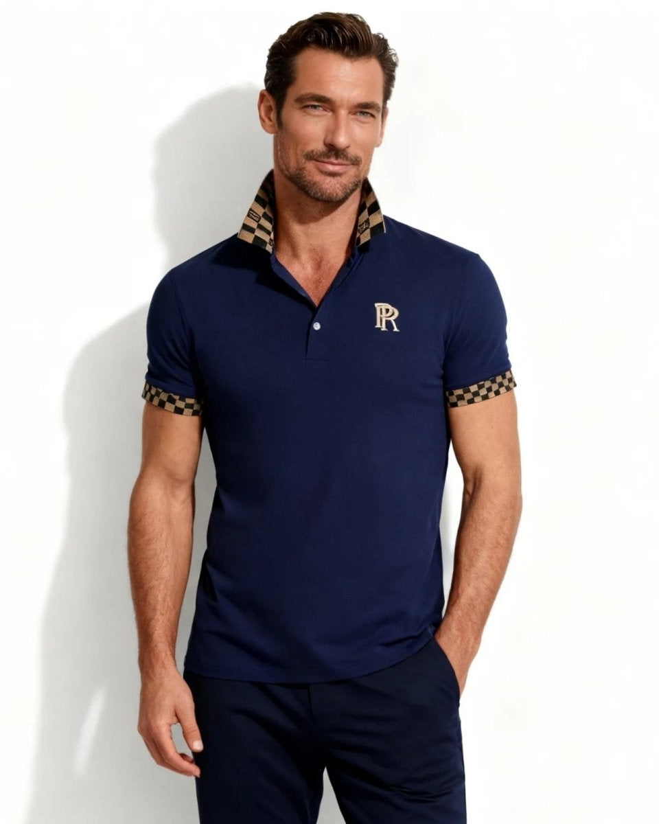 Model wearing the Brent men's luxury navy blue polo shirt with a distinctive checkered pattern on the collar and sleeve cuffs, front view.