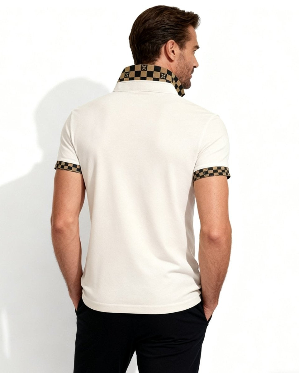 Back view of the men's luxury polo in pink, highlighting the clean design and statement checkered collar.
