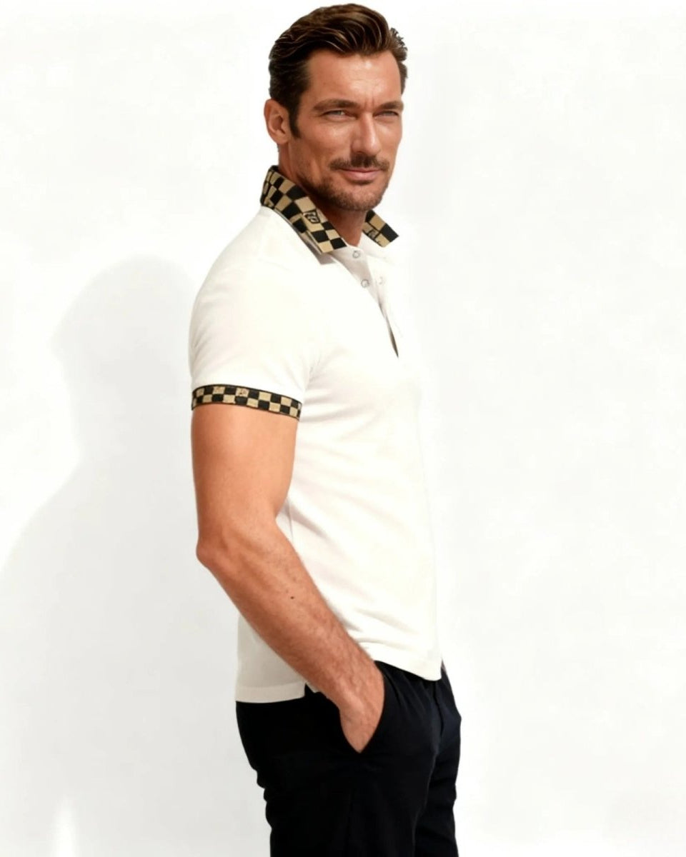 Side profile of a man in the slim fit pink polo, showing the checkered pattern on the sleeve cuff and the tailored fit.
