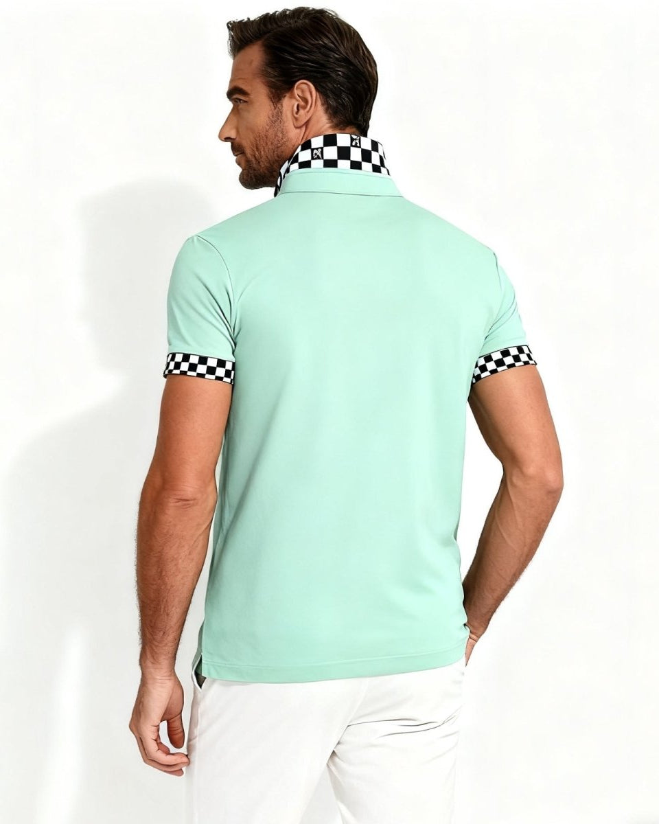Back view of the Brent men's polo in mint green, showcasing the unique black and white checkerboard design on the collar.